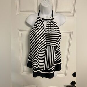 KONA SOL Black-White Striped Asymmetrical Tankini Top